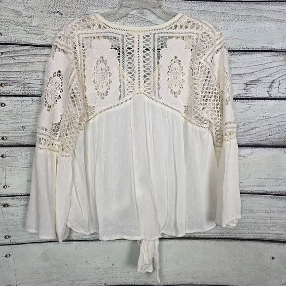 Lovestitch L White Crochet Lace Tie Front Boho Top - Picture 6 of 9